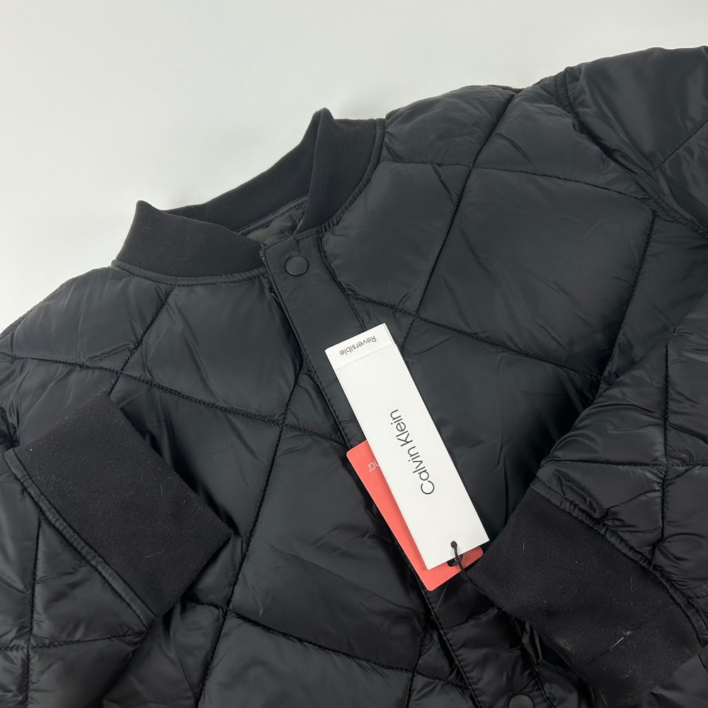 Calvin Klein Men's L Reversible Quilted Bomber Jacket Black Camo Puffer NEW